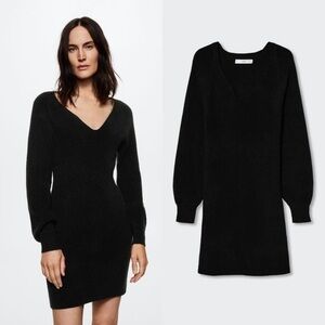 Mango Black‎ Ribbed V-Neck Mini Dress